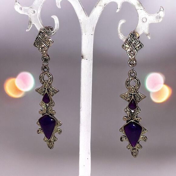 Purple Silver-Tone Art Nouveau Marcasite Drop 2.5" Earrings! - Picture 1 of 12